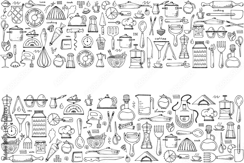 Vector background of kitchen tools. Hand drawn doodle cooking equipments. illustration for restaurant menu, recipe book, and wallpaper.