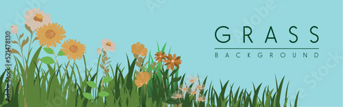 Spring garden grass and flowers border. Cartoon vector flower background. Green elements objects flora on transparent background 