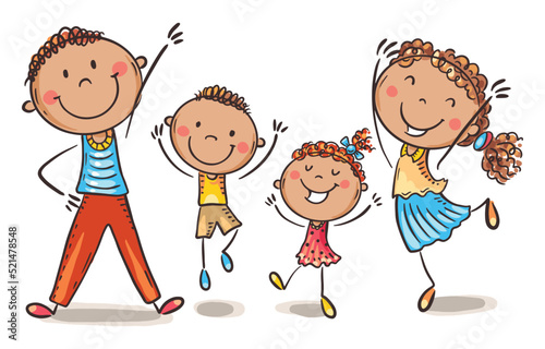 Illustration of family jumping with joy. Isolated cartoon characters
