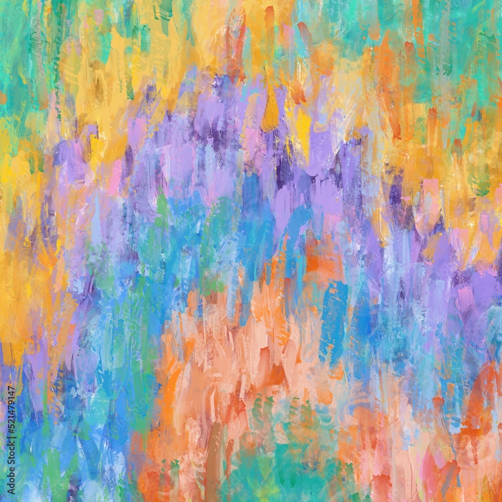 油絵抽象アート・正方形背景）エネルギッシュでラフな筆跡　マルチカラー　緑・黄色・紫・水色　カラフル