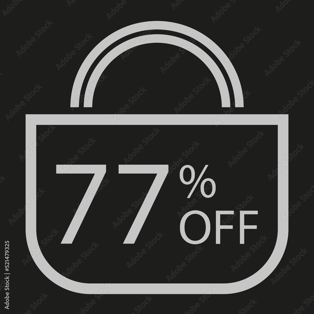 77 percent off. Black banner with shopping bag illustration 77 percent off. Black banner with shopping bag illustration
