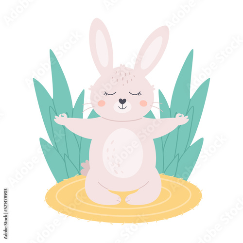 Cute white bunny meditating in lotus pose. Animal yoga, relaxation, meditation. World yoga day. Hand drawn vector illustration