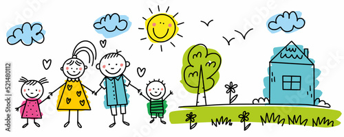 Children's drawing of a happy family. Mom, Dad, kids vector drawing by hand.