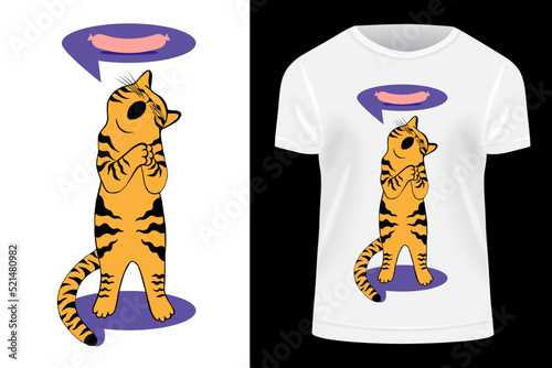 Funny ginger cat vector illustration. Begging sausage cat. Funny calligraphic. Vector cartoon art illustration isolated on white background. Hand drawn. Design for t-shirt, poster, postcard.