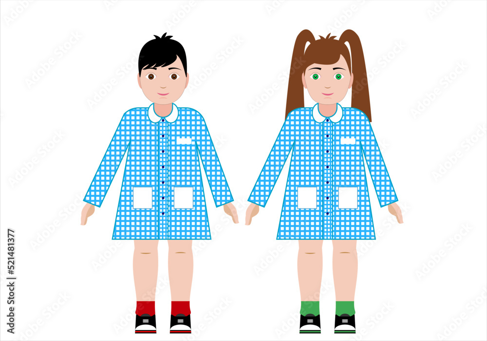La vuelta al cole. Dos alumnos, niño y niña, de educación infantil vestidos con la bata escolar azul o babi La vuelta al cole. Dos alumnos, niño y niña, de educación infantil vestidos con la bata escolar azul o babi