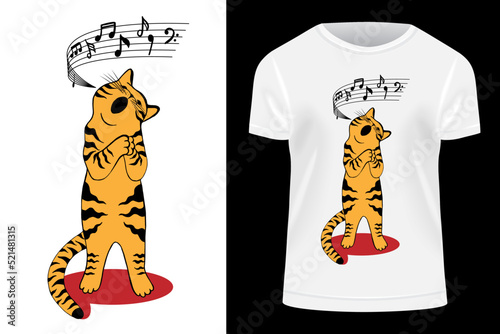 Funny ginger cat vector illustration. Singing rad cat. Vector cartoon art illustration isolated on white background. Hand drawn outline style. Can be used as a print on T-shirts, posters, postcards.