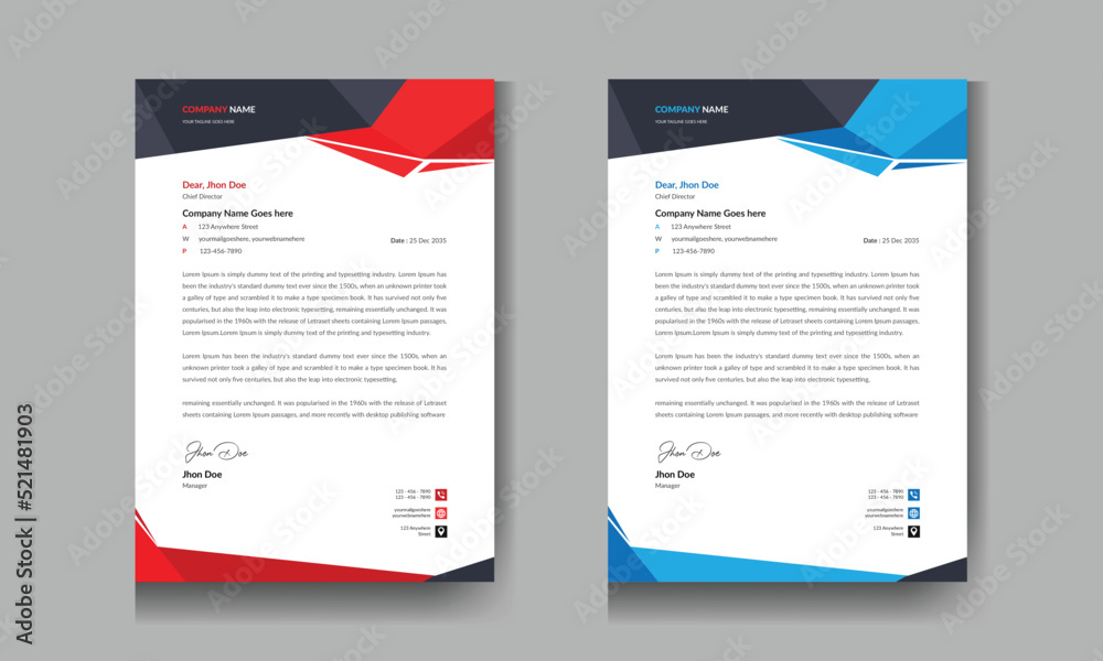 Modern Business Letterhead design template, blue, black and red color combined letterhead for your business