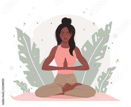 Black young woman meditating on mat in lotus position. Concept for yoga, relaxation, relaxation, meditation and healthy lifestyle. Vector illustration in flat style