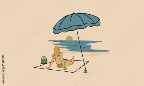 Vintage Tee Graphic Drawing Woman Relaxing on the Beach