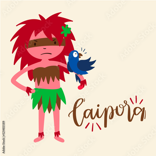 Caipora. bush inhabitant.  Fantastic Creature of Brazilian Folklore. Brazilian Portuguese Hand Lettering Calligraphy. Vector. Brazilian legends and tales.