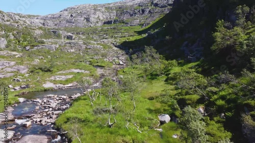 Mountains of Norway. Mountain lakes and rivers. Green trees in the mountains. Flying a drone in the mountains. Blue clear sky. Video 4k