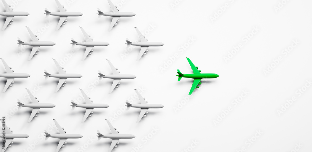 Group of white airplanes with green leader on white background - green energy travel concept - 3D illustration