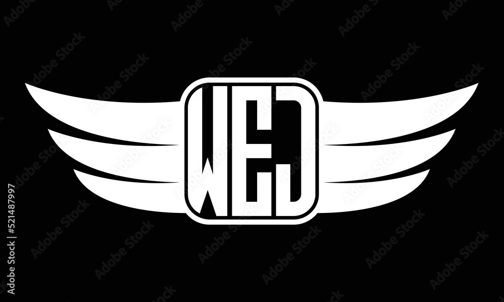 WEJ three-letter Wing logo design. flying Vector template - obrazy, fototapety, plakaty 