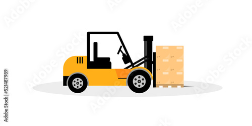 Forklift truck with goods . Boxes on pallets. Transport for transshipment of containers, goods. Vector illustration. EPS 10