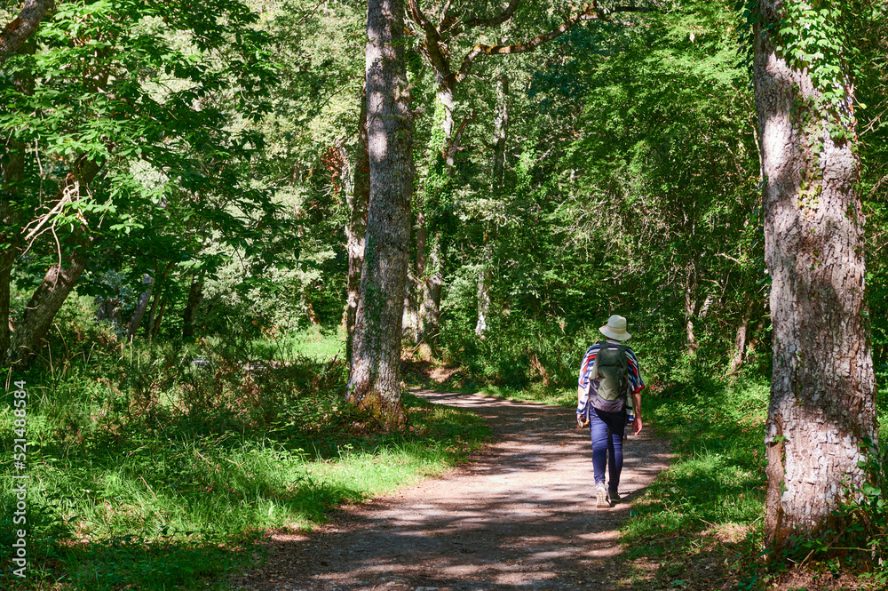 Middle-aged woman with hat and backpack