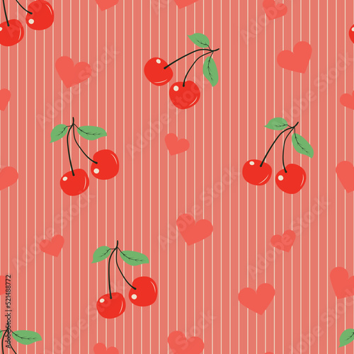 Hand painted seamless pattern with cherries in red, black and vanilla on pink background.