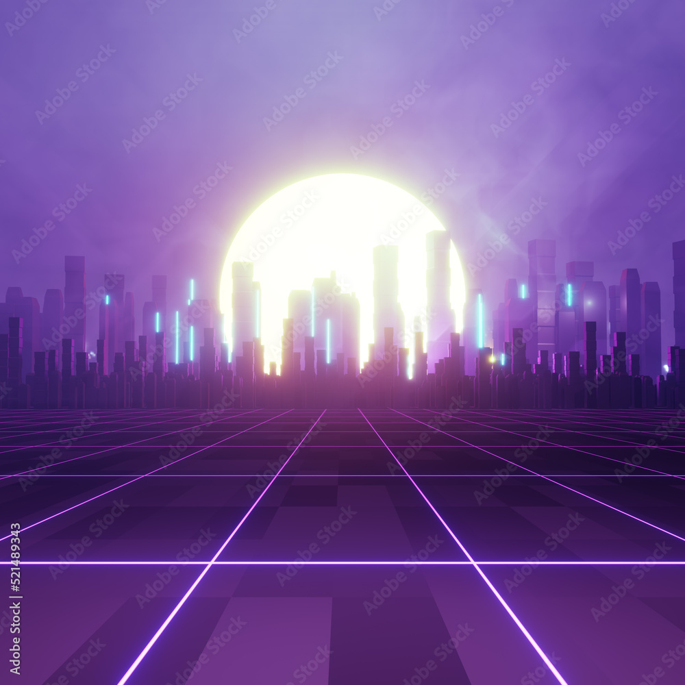 3D dark city of cyberspace metaverse digital landscape of futuristic background concept. 3d illustration rendering