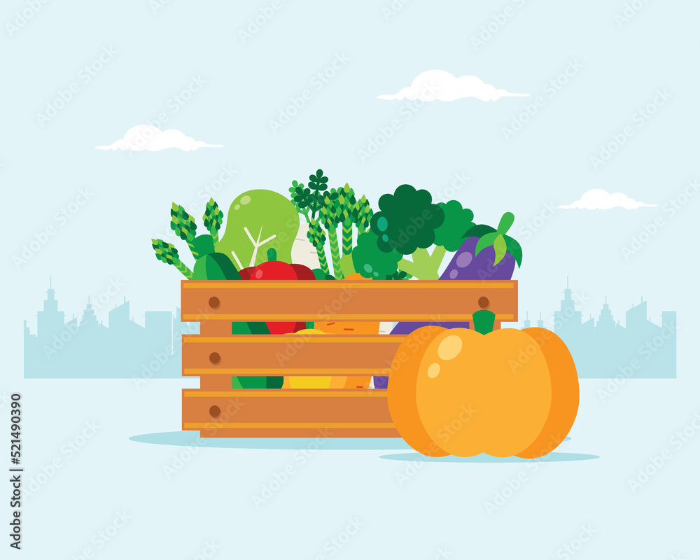 Obraz premium Wooden box full of fresh vegetables with city in the background. Box contains broccoli, asparagus, carrot, zucchini, pumpkin, pepper, eggplant, swiss chard. Vector illustration flat design style. 