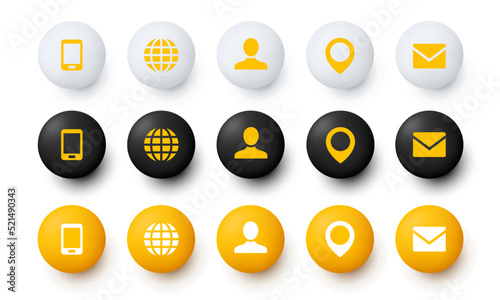 Business card icons in claymorphism style. Round matte buttons. Set of vector clipart isolated on white background. Contacts icons.
