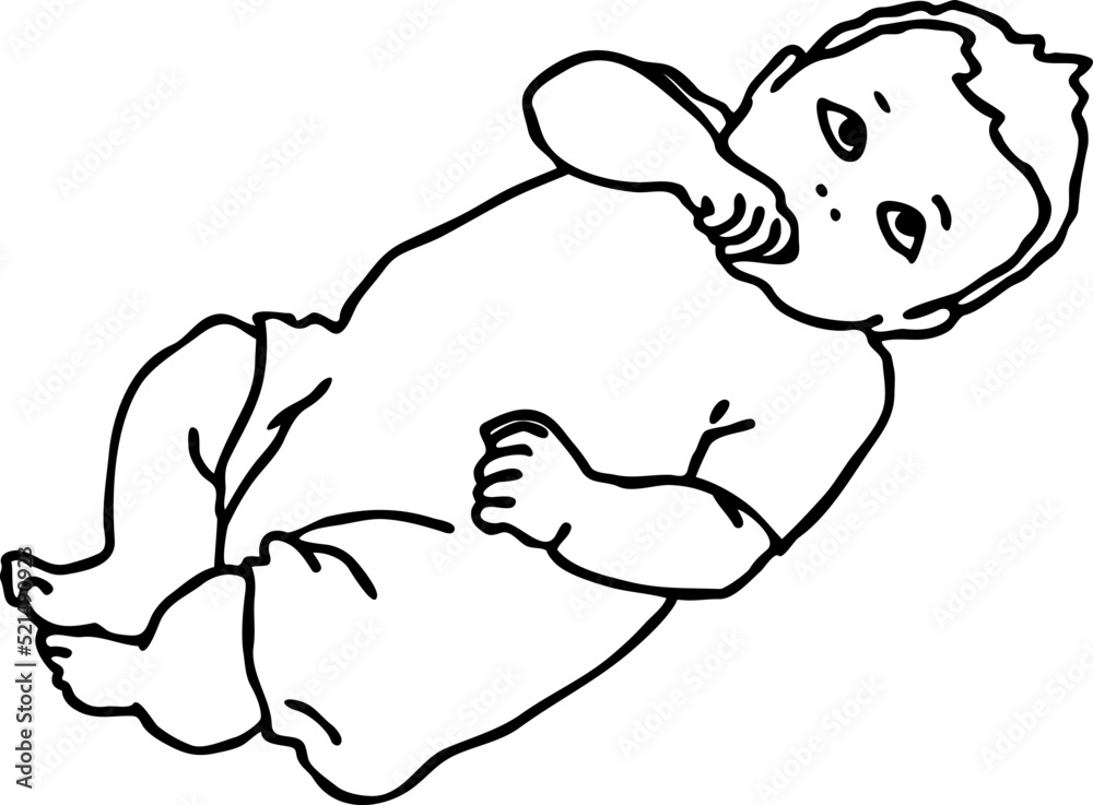 Baby laying, moving arms and legs. Nice dressed little child. New family member. Hand drawn illustration for event celebration design, postcard, invitation or poster. Cartoon character vector drawing. Baby laying, moving arms and legs. Nice dressed little child. New family member. Hand drawn illustration for event celebration design, postcard, invitation or poster. Cartoon character vector drawing.