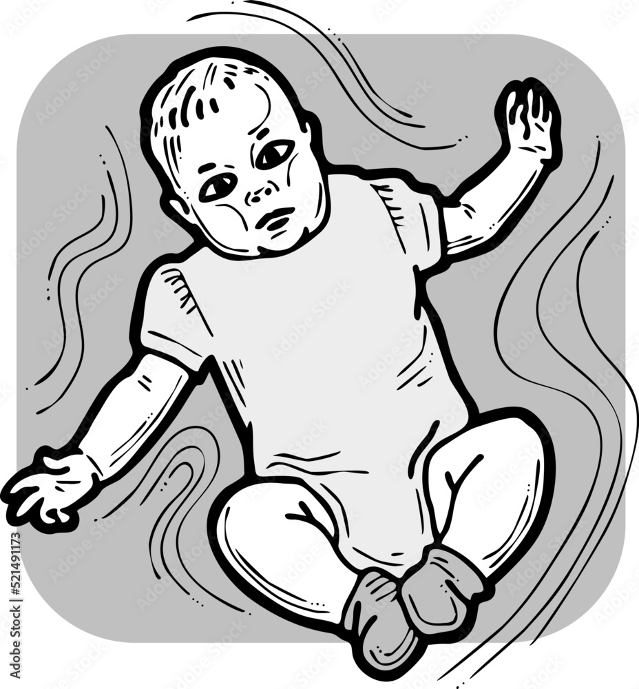 Baby laying, moving arms and legs. Nice dressed little child. New family member. Hand drawn illustration for event celebration design, postcard, invitation or poster. Cartoon character vector drawing. Baby laying, moving arms and legs. Nice dressed little child. New family member. Hand drawn illustration for event celebration design, postcard, invitation or poster. Cartoon character vector drawing.