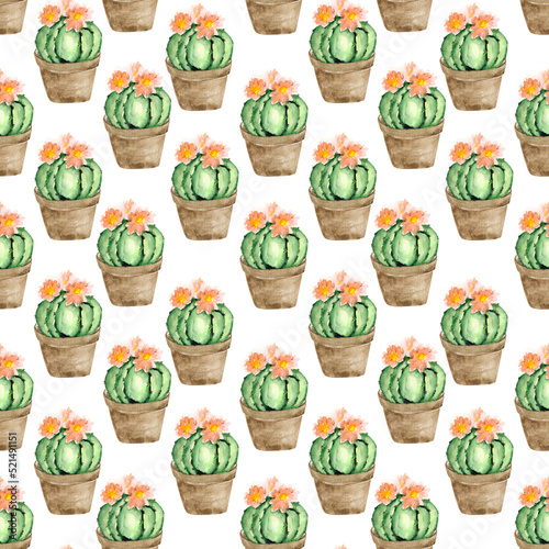 Seamless pattern with green cacti and potted flowers. Watercolor background for textiles, wallpaper, bed linen and packaging.