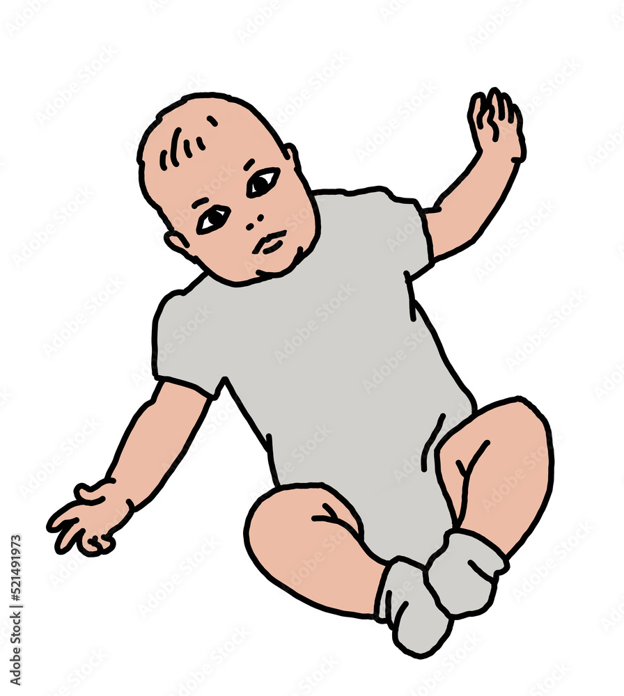 Baby laying, moving arms and legs. Nice dressed little child. New family member. Hand drawn illustration for event celebration design, postcard, invitation or poster. Cartoon style character drawing. Baby laying, moving arms and legs. Nice dressed little child. New family member. Hand drawn illustration for event celebration design, postcard, invitation or poster. Cartoon style character drawing.