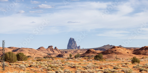 Desert Rocky Mountain American Landscape. Sunny Blue Sky Day. Oljato-Monument Valley, Arizona, United States. Nature Background