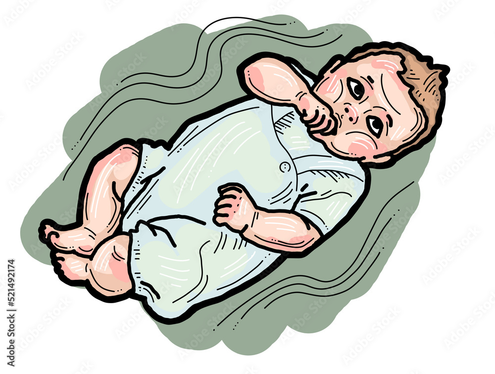 Baby laying, moving arms and legs. Nice dressed little child. New family member. Hand drawn illustration for event celebration design, postcard, invitation or poster. Cartoon style character drawing. Baby laying, moving arms and legs. Nice dressed little child. New family member. Hand drawn illustration for event celebration design, postcard, invitation or poster. Cartoon style character drawing.