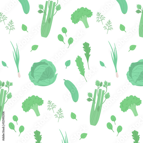 Seamless pattern of vegetables and herbs in hand-drawn style.