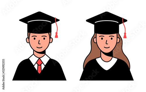 Set of icons of college and university graduates. The face of a male and female student in a hat and mantle.