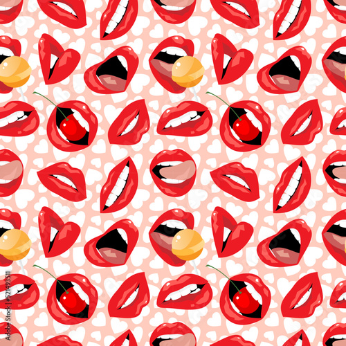 Sexy erotic red lips in pin-up style on a light pink background with hearts. Seamless pattern, print, vector illustration