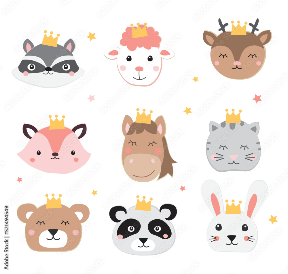 Set of cute animals heads with crowns