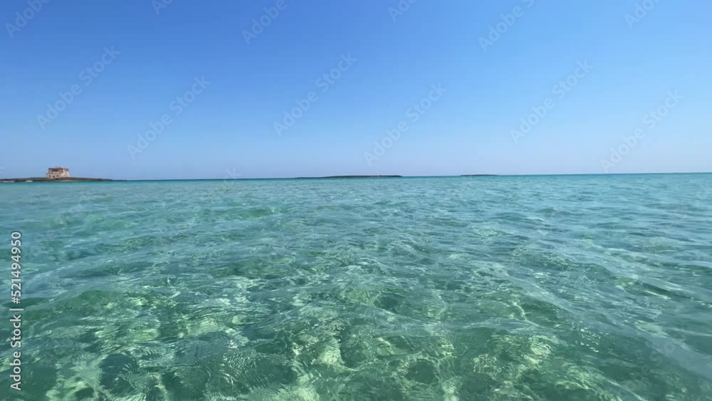 View from the water of the beautiful, pristine and uncontaminated bay of Torre Guaceto Natural Reserve, Italy, with the tower far away and shallow sea. View from the water of the beautiful, pristine and uncontaminated bay of Torre Guaceto Natural Reserve, Italy, with the tower far away and shallow sea.