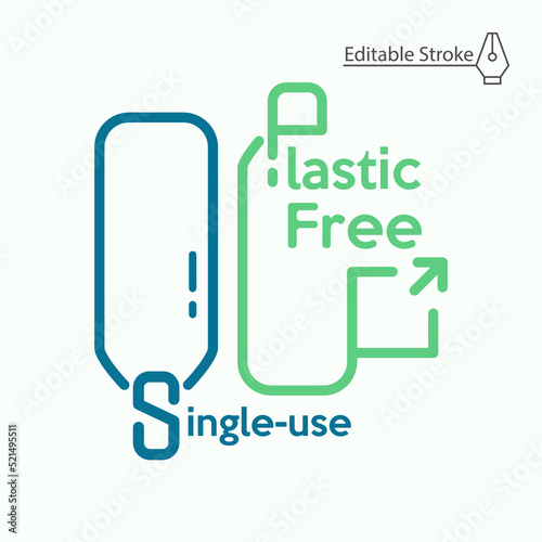 Single-use plastic free typographic design. Drinking water bottle as a gimmick to refuse disposable plastic product. Editable stroke vector illustration.