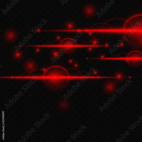 Bright red rays of light, lines with dust and sparks on a transparent background. Film texture background with light translucence