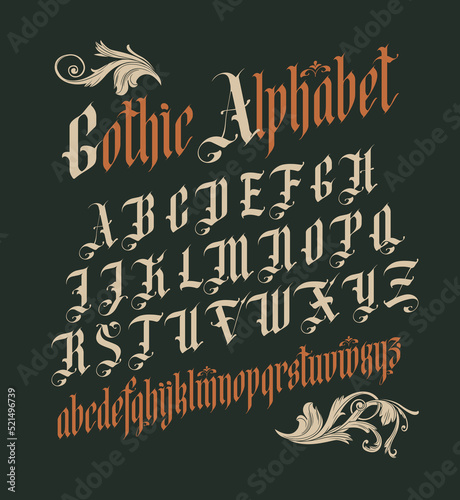 Gothic font. Full set of capital letters of the English alphabet in vintage style. Medieval Latin letters. Vector calligraphy and lettering. Suitable for tattoo, label, headline, poster, etc.