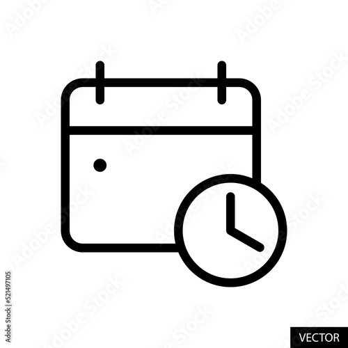 Calendar with clock, Time, Date, Event schedule, Appointment, Deadline vector icon in line style design for website, app, UI, isolated on white background. Editable stroke. Vector illustration.