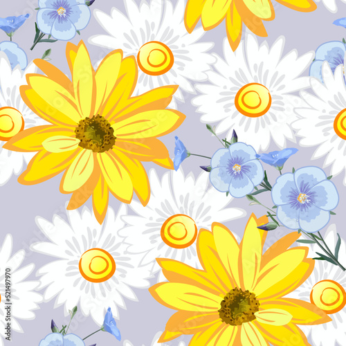 Flower pattern, flowers of sunflower,  chamomile, flax, flowers and blossoms linen close up on gray background in a random arrangement square format, seamless texture, EPS 10, vector