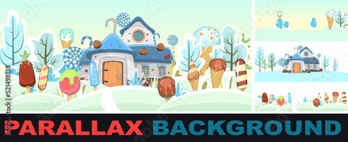 Winter landscape with ice cream. Set parallax effect. Frosty sky. Summer food sweet dessert. Gnomes house with sweets and snowdrifts. Flat design. Illustration Vector