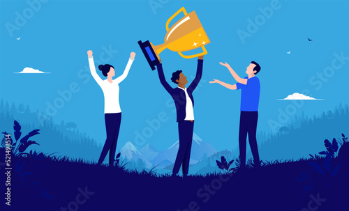 Business winning trophy - Team of people cheering and having success celebrating award. Vector illustration with blue background