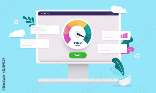 Internet speed test - Computer screen with web service testing upload and download speed, vector illustration