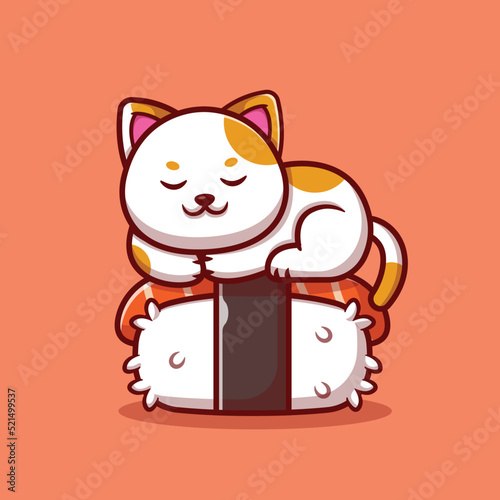 Cute Cat Sleeping On Salmon Sushi Cartoon Vector Icon Illustration. Animal Food Icon Concept Isolated Premium Vector. Flat Cartoon Style