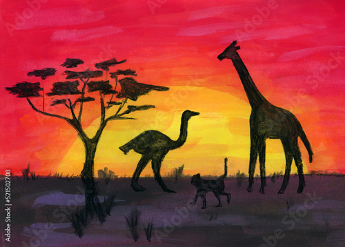 Watercolor on paper  an impression of a sunset on an African savanna. Silhouettes of several animals against a red sky and golden sun