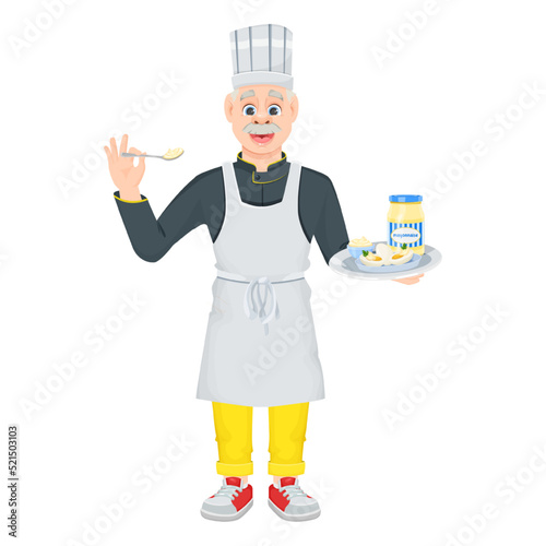 The smiling old chef holds in his hand a spoonful of mayonnaise and a silver dish with a jar of mayonnaise. Vector cartoon illustration isolated on a white background.