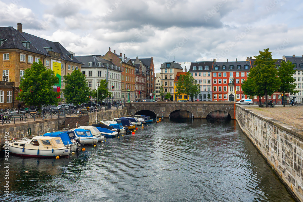 Copenhagen, Denmark - old town, picturesque architecture seen from the canal