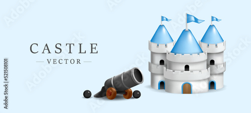 Cute castle 3d model with mini cannon  vector illustration on sky blue background