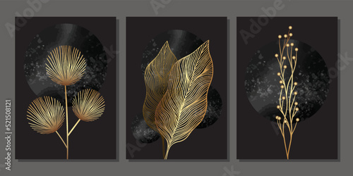 Set of luxury gold wall art. Black watercolor moon and golden leaves, japanese style branches, berries. Abstract minimalist art mural illustration with linear plants