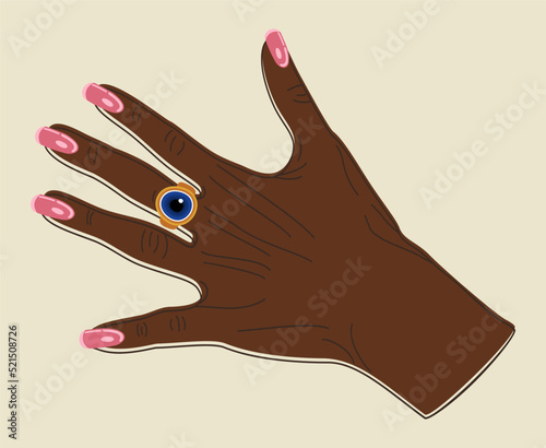 Vector isolated illustration of female dark-skinned hand with a ring and french manicure. Evil eye mascot.