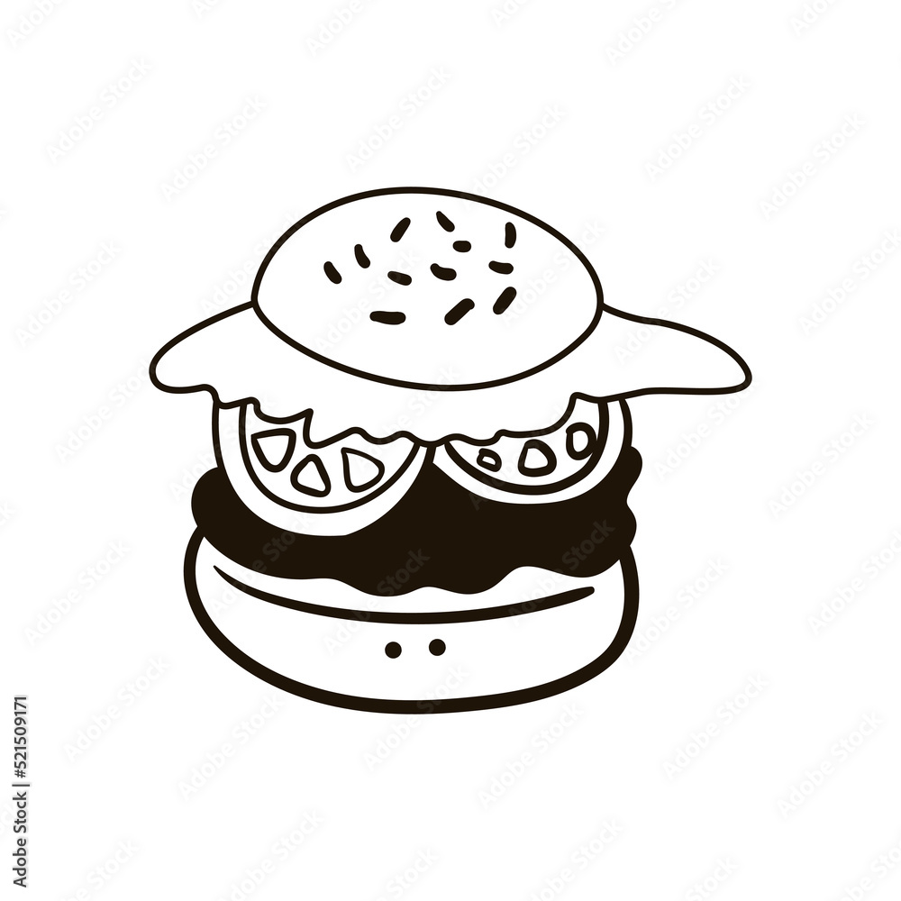 Single hand drawn hamburger. Doodle vector illustration. Isolated on white background.